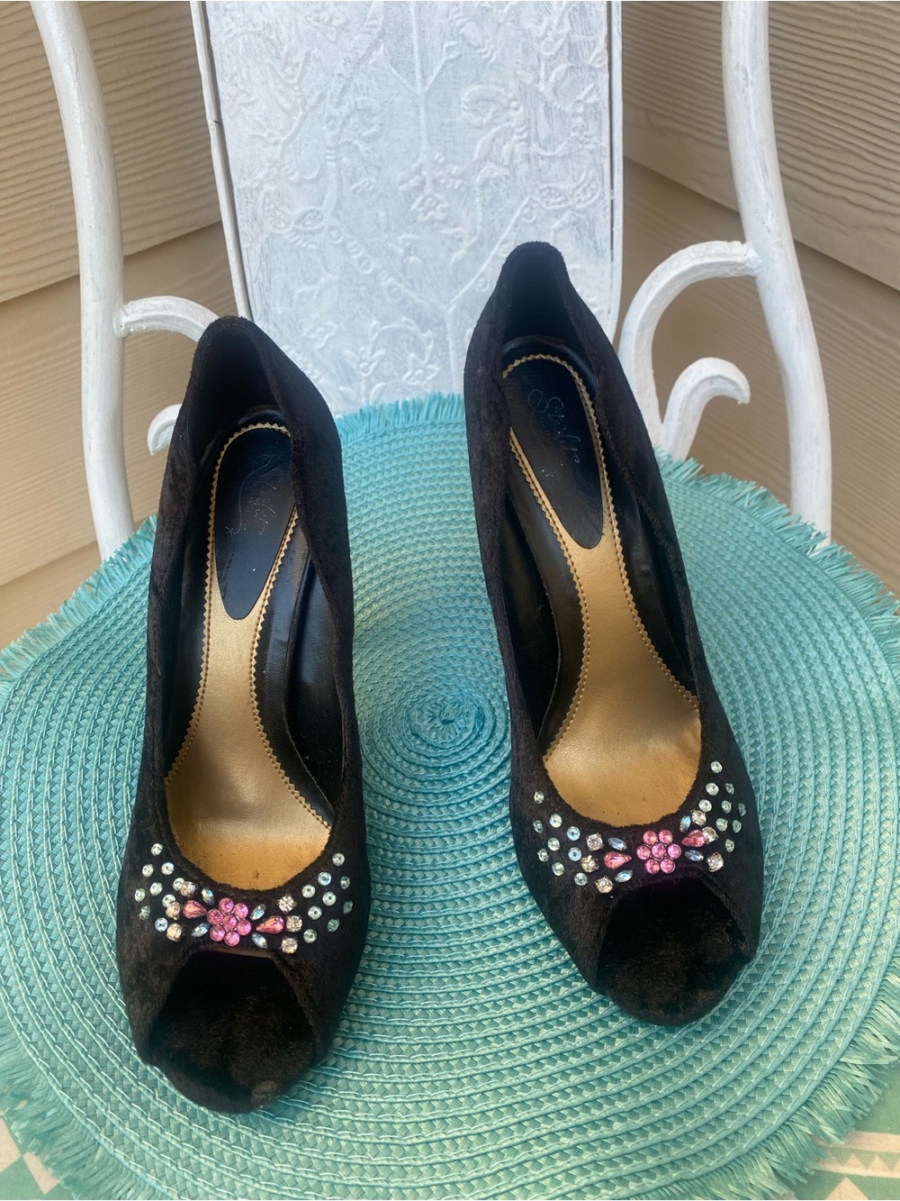 Black Crystal-Embellished Peep-Toe Heels